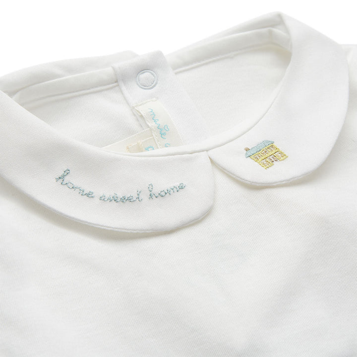 BYRD PETER PAN COLLAR ONESIE WITH HOME SWEET HOME EMBROIDERY