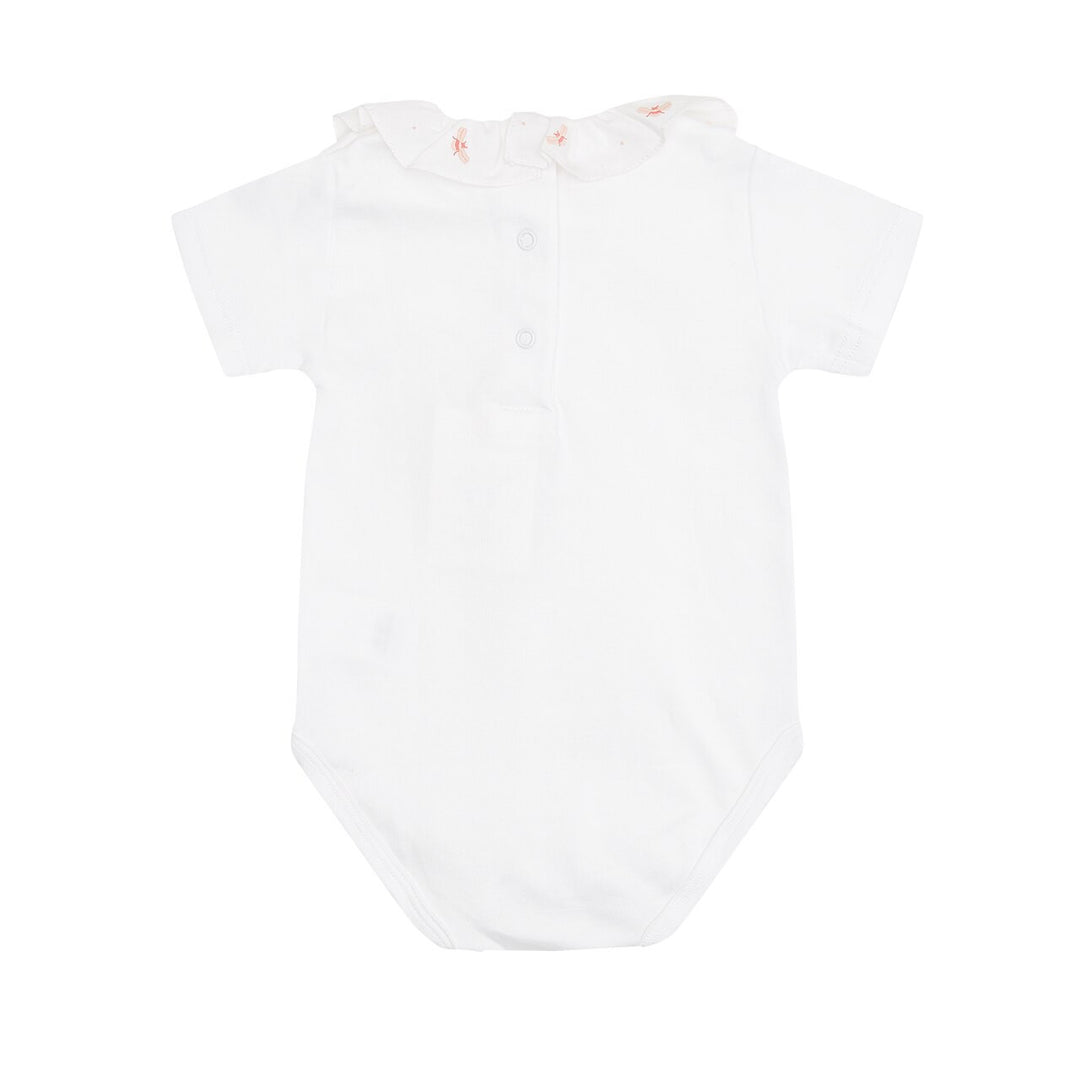ALEXANDRA RUFFLE COLLAR ONESIE BEE EMBROIDERY IN WHITE