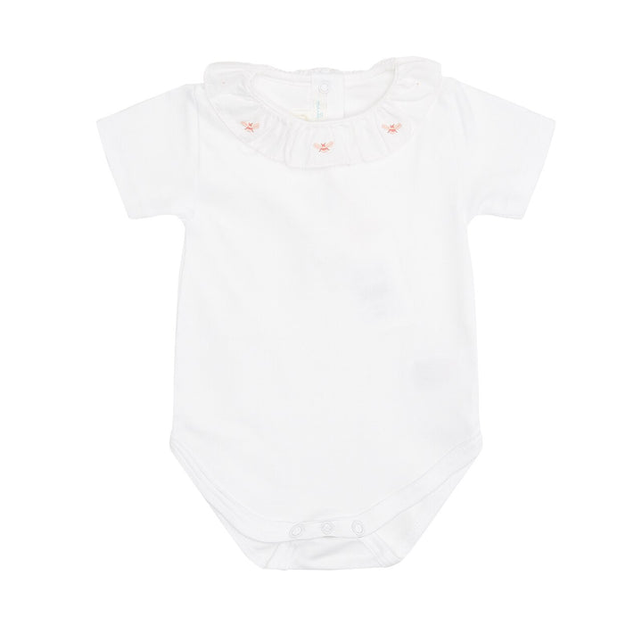 ALEXANDRA RUFFLE COLLAR ONESIE BEE EMBROIDERY IN WHITE